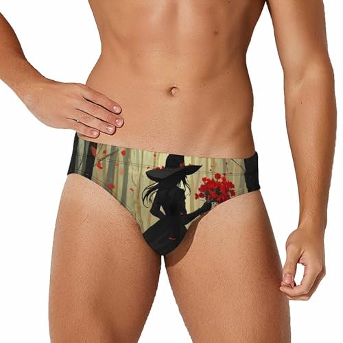 Young Witch Hold Flowers Men's Swim Brief Sexy Bikini Swimwear Swimsuit Trunks Bathing Suits