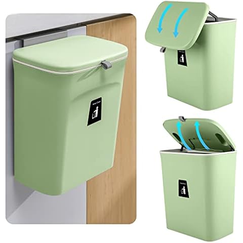 KWANITHINK Hanging Kitchen Bin with Lid, Cupboard Bins for Kitchen Cabinet Door, Trash Can Waste Bins Under Sink Counter Top, Trash Bin for Bedroom Bathroom Office Motorhome 9L Cover