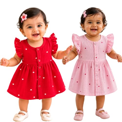 Image of Lilimi Toddler Baby Girl Cotton Muslin Dress, Breathable Flutter Sleeve Button-Front Cute Frocks