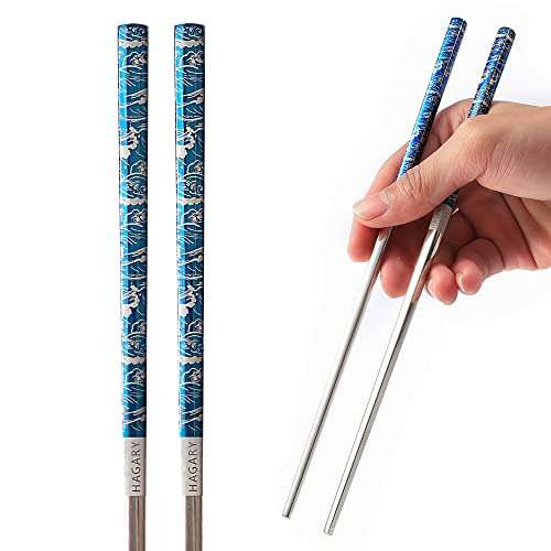 Hagary Blue Wave Chopsticks 2 Pairs Metal Chopsticks Reusable Designed In Korea Japanese Style Stainless Steel 316 18/10 Non-Slip Dishwasher Safe #TOP6