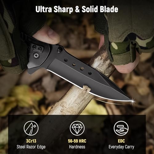KEXMO Pocket Knife for Men - 3.46" Sharp Blade Wood Handle Pocket Folding Knives with Clip, Glass Breaker - EDC Knives for Hunting Camping Survival Outdoor Fishing Hiking Women Men, Black