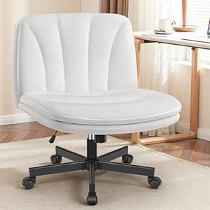 FelixKing Criss Cross Chair with Wheels, Cross Legged Office Chair, Armless Wide Vanity Desk Chair with Comfty Velvet & Back – Swivel Height Ajustable for Home Office Bedroom, Pearl White Velvet