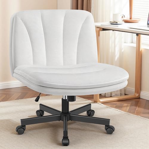 FelixKing Criss Cross Chair with Wheels, Cross Legged Office Chair, Armless Wide Vanity Desk Chair with Comfty Velvet & Back - Swivel Height Ajustable for Home Office Bedroom, Pearl White Velvet