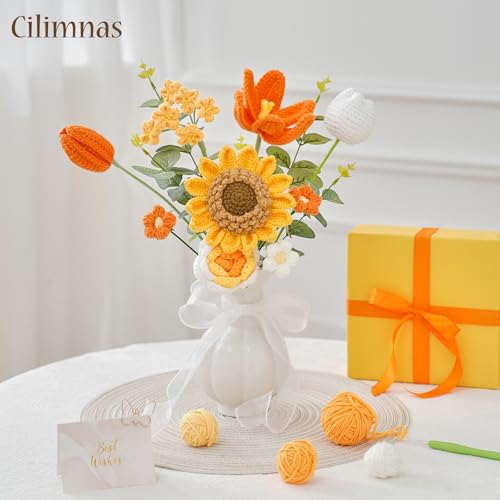 Crochet Flower Bouquet,Orange Knitted Flowers, Handmade Sunflowers Tulips Roses Bouquet for Valentine Day Birthday Anniversary Party Mother's Day Graduation Gifts(with Card) by Cilimnas - Used condition - Image 8