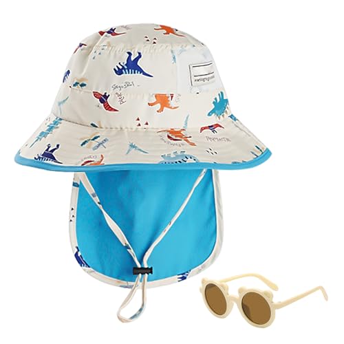 ZGDEIWGF 1 Cappello da Sole per Bambini, 1 Pezzo di Occhiali da Sole, Cappello da Sole Estivo per Bambini, Cappello con Motivo Dinosauro, Cappello da Spiaggia A Tesa Larga
