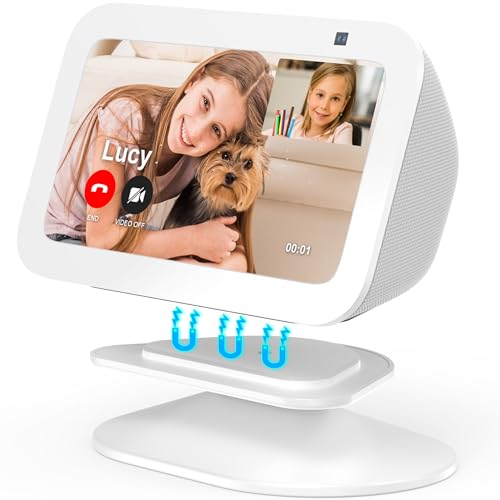 PlusAcc Stand for Echo Show 5 (3rd Gen) - Adjustable Tilt Holder, Magnetic Table Stand Accessories Compatible with iPhone Models & Echo Show 5 3rd Generation, Non-Slip Base (White)