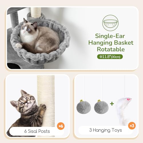 Image of Globlazer Tall Cat Tree Tower for Large Adult Cats, Multi-Level Large 65 Inch Cat Scratching Tower with Hammock, 6 Scratching Posts, Basket and 2 Perches for Indoor Multiple Cats, F65D, Light Grey