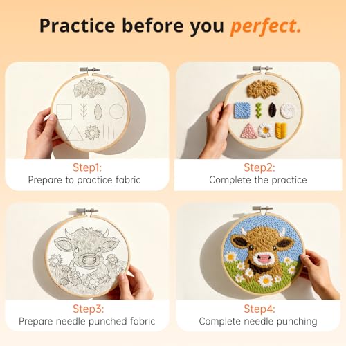 CYANFOUR Punch Needle Kits for Beginner, DIY Punch Needle Kit Adults Beginner Include 2 Pre-printed Fabrics, Embroidery Hoop, Threads, Easy for Adults & Children, Craft Gifts and Decorations 20*20cm