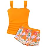 2-Teilig Badeanzug Mädchen mit Shorts, Mädchen Tankini Set mit Breite Träger Oberteile Bikinihose und Blumenmuster Shorts Sommer Hawaii Badeanzug für Strand Urlaub