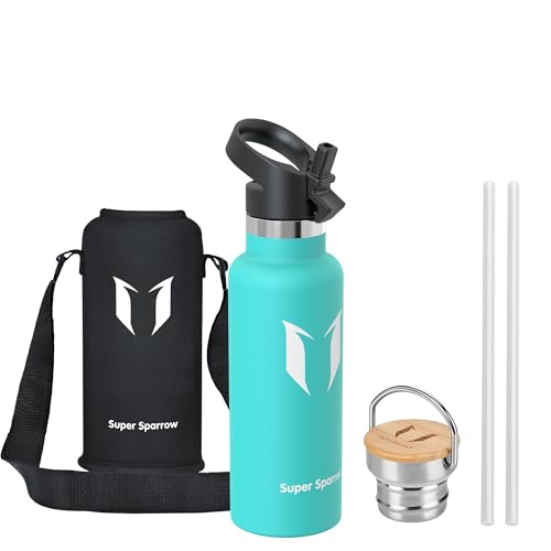 Super Sparrow Stainless Steel Vacuum Insulated Water Bottle - Double Wall Design - Standard Mouth - 500ml - Non-Toxic BPA Free - Ideal as Sports Bottle - 2 Lids (Mint)