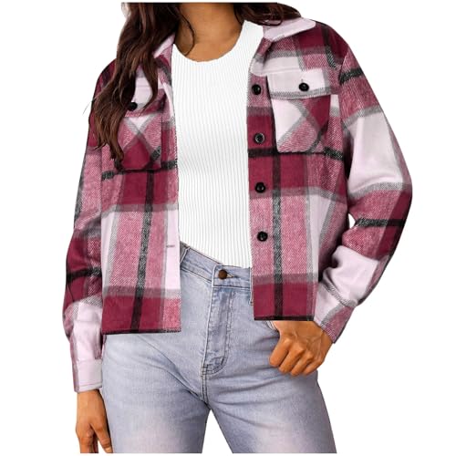 Eauptffy Cropped Chaqueta para mujer a cuadros con botones, chaqueta de otoño de manga larga, chaqueta corta con bolsillos en el pecho, solapas para otoño e invierno, abrigos de forro polar, chaqueta