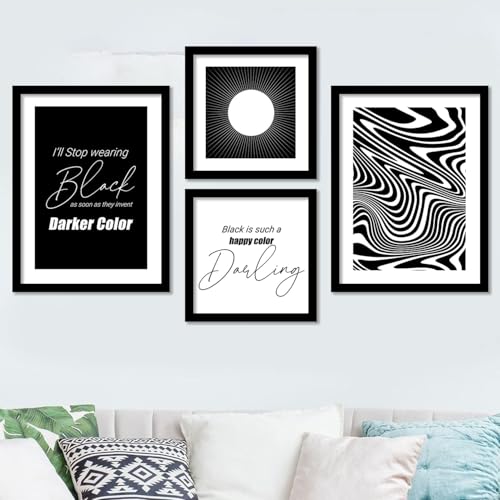 Image of kotart Black Color Theme Wall Decor Paintings Home Office Living Room - Modern Wall Art Abstract Paintings with Frame - Framed Wall Art Posters Set of 4 (Art 1, Big (13x17 or 13x13 inch))