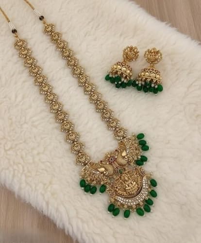 Image of South Indian Traditional Antique Matte Gold Finish Goddess Lakshmi & Peacock Motif Long Necklace Set with Jhumka Earrings for Women | Ethnic Temple Jewellery for Weddings, Brides & Festivals (Green)