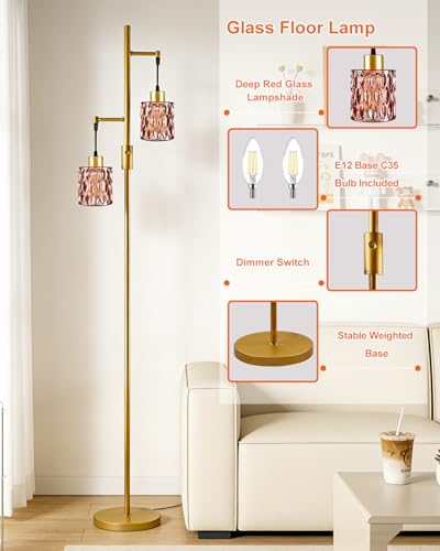 Image of 2-Light Glass Floor Lamp, 65IN Tall Standing Lamps Dimmable with Rose Red Glass Lampshade, 3000K Warmwhite Mid Century Modern Floor Lamp with 5Lbs Heavy Base for Living Room /Bedroom