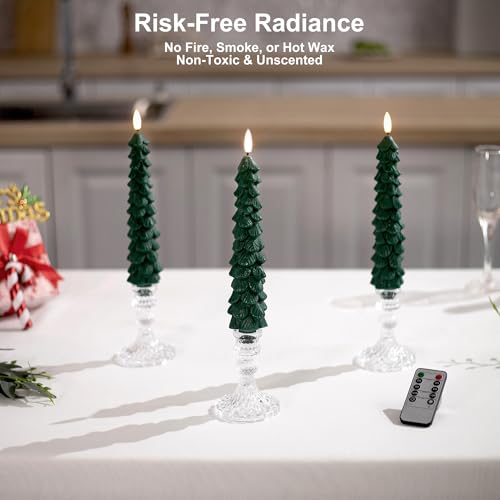 Image of Stmarry 4 PCS Flameless Christmas Tree Candles with Remote Timer, Real Wax Flameless Taper Candles 9.65 Inch, LED Candlesticks with 3D Flickering Flame, Christmas Decor Candles Battery Operated
