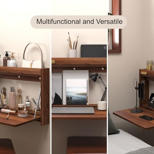 Beige Floating Vanity Desk with Mirror, Wall-Mounted Makeup Table, Storage Dressing Station, Multi-Purpose Nightstand for Bedroom, 80cm/31.5in