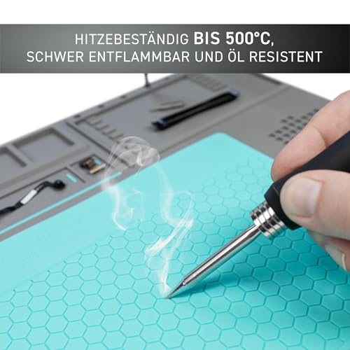GALLUNOPTIMAL Arbeitsunterlage mit ESD Silikoneinlage bis 500°C hitzebeständig – Bauteil- und Werkzeugorganizer – Magnetteil – für Lötarbeiten/Reparaturen - 45x30 cm – rutschfest