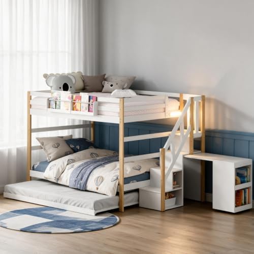 Kikihouse Twin Over Twin Bunk Bed with Trundle and Storage Stairs, Solid Wood Bunk Bed with Foldable Desk, No Box Spring Needed, for Kids, Teens & Adults (White+Wood)