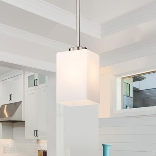 Edvivi Brushed Nickel Pendant Light, 4 in. 1-Light Mini Hanging Light Fixture with Square Shaped White Glass Shade, Adjustable Ceiling Light Fixture for Kitchen Island Living Room