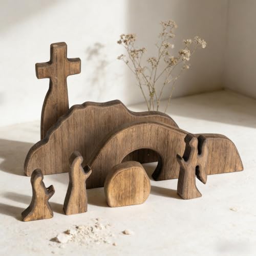 Image of NEROSUN Empty Tomb Easter Scene and Cross Decoration, Wooden Jesus Resurrection Nativity Set, Religious Christian Tabletop Decor for Home Office Christian