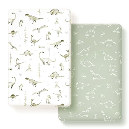 Image of GRSSDER Pack n Play Sheets Fitted 2 Pack, Stretchy Ultra Soft Pack and Play Sheets, Universal Fitted Portable/Mini Crib Mattresses Snug and Safe, Jersey Crib Sheets for Boys, Dinosaurs