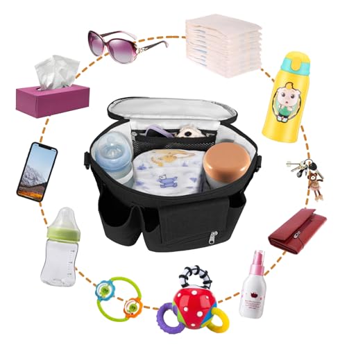 HOTUT Kinderwagen Organizer, Universal Kinderwagentasche mit Isolierte Getränkehalter,Wasserdichte Kinderwagen Tasche, Verstellbarer Schultergurt,Windeltasche mit großer Kapazität für Handys(Schwarz)