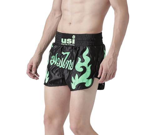 Image of USI Universal Muay Thai Shorts for Men Women, 410NG Boxing Kickboxing MMA Fight Clothing Training Workout Trunks (in, Alpha, S, Regular, Black /Green)