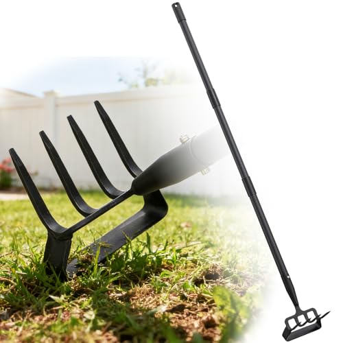 Azada de jardín 2 en 1, estribo y cultivador para deshierbar, tallo largo, ligero de pie push-pull hula, rastrillo de escarda para airear, cultivar y excavar (120 cm)