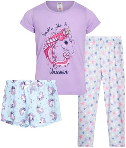 Sleep & Co Girls Sleepwear 3 Piece Pajama Set - Short Sleeve T-Shirt, Shorts, and Pants, Size 10/12, Sparkle Like Unicorn