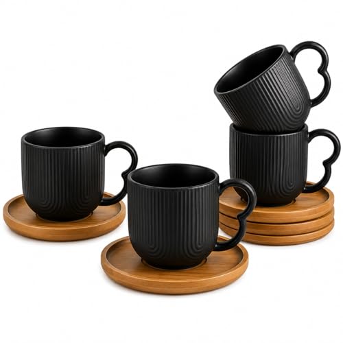 Jogo 4 Xicaras De Café Porcelana com Pires Bambu 90ml Oásis (Preto)