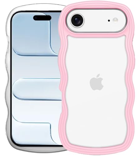 Image of GoldKart iPhone 17 Air Case Wavy Edge Clear Back Design, Anti-Slip Grip Cute Wave Curly Frame Shape Shockproof Soft TPU & Hard PC Bumper Protective Phone Case Cover for Women Girls - Pink