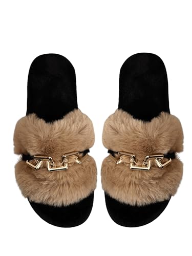 Verdusa Women's Fuzzy Slippers Cozy Plush Home Slippers Chain Decor Furry Open Toe House Shoes