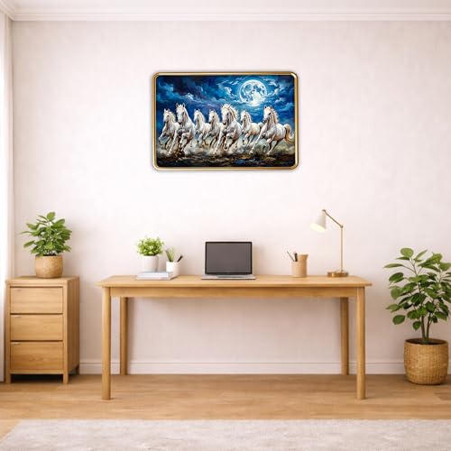 Image of XOPY Seven Running Horses with Golden Frame | Vastu 7 horses Raw Pyrite Painting for Home, Office & Living Room Wall Decore | 12X18 Inch Sparkle Laminated Frame | Best For Gifting (53311, 12X18)