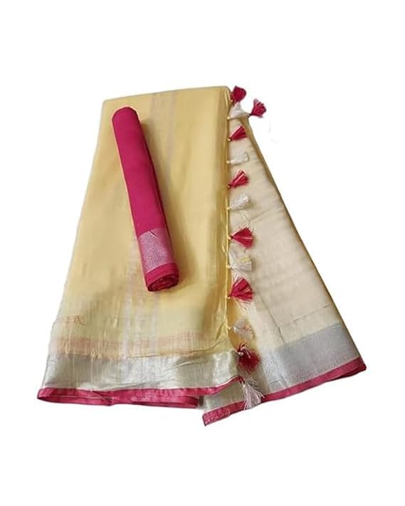 Image of STB-SILK TEXTILES BHAGALPUR Women's Linen Slub Saree With Contrast Blouse Piece