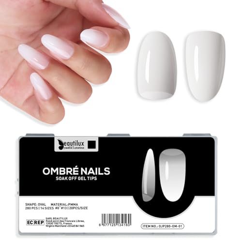 Beautilux White Artificial Nails, 280Pcs Soft 14 Sizes Medium Oval Ombre White Press on Nails, Fit Perfectly & Natural