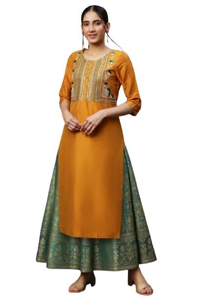 Image of Aurelia Women's Yellow Dori Emb & Zari & Sequins Viscose Blend Straight Kurta and Flared Skirt Set