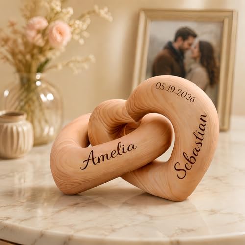 Personalized Interlocking Wooden Hearts with Names Custom Engraved Couple Gift 5th Wood Anniversary for Him Her Romantic Wedding Valentines Day Gift- Handcrafted Home Decor (Style 1)