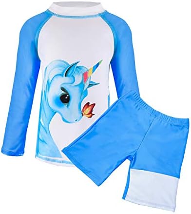 Suyye Girls Two Pieces Swimsuits Rash Guard Tankini Kids Swimwear (Blue, 8-9 Years)