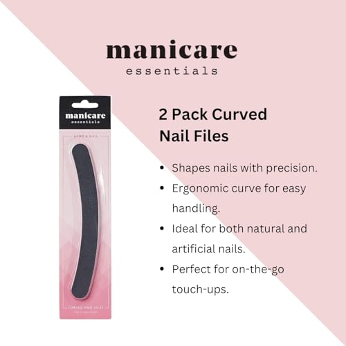 Manicare Curved Nail Files, Pack Of 2 Emery Boards, Boomerang Shape, Natural Or Artificial Nails, Pet Grooming, Double Sided Medium Grit, Reusable, Washable, Home Salon Professional Manicure Pedicure