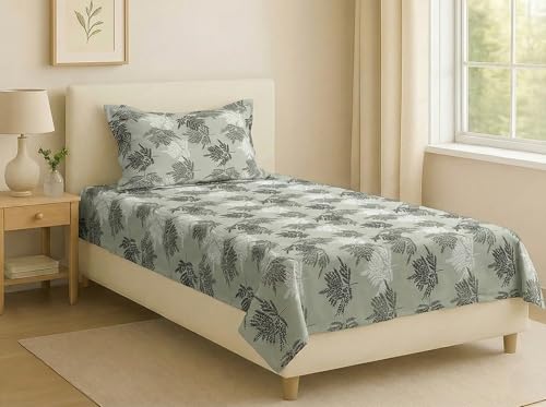 Image of Trance Home Linen 144 Tc Modern Art Bedsheet Single Bed with 1 Pillow Cover | Diwan Size Bed Sheets |100% Pure Cotton| Hypoallergenic (54 x 90 inch, Ferns Paradise Green)