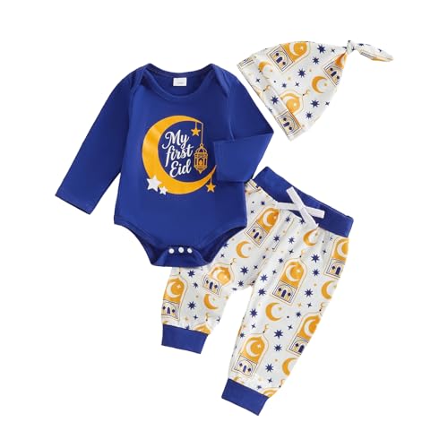 DSOKUHIB Baby Boy Ramadan Clothing Sets Fashionable Moon Star Print Long Sleeve Romper with Pants, Hat 3Pcs Outfits (Royal Blue, 0-3 Months)