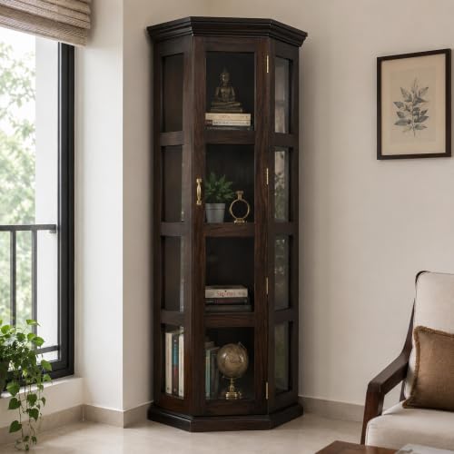 Image of SONA Art & Crafts Astro Sheesham Wooden Crockery Cabinet with Glass Door | Solid Wood Multipurpose Storage Cabinets for Living Room Home & Kitchen | Book Shelf Wooden - Walnut Finish