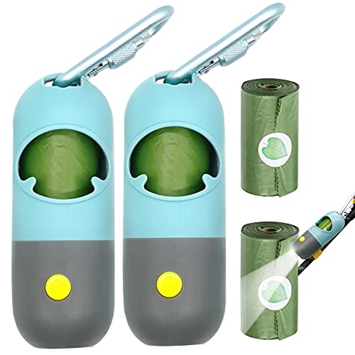 Dog Poop Bags dispenser with LED Flashlight|Dog Bags for Poop with Dispenser and Leash Clip|Pet Waste Bags Refill Rolls-2 Pack Cover