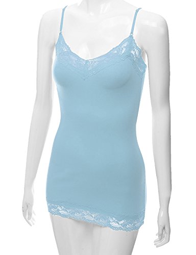 XT1004L Ladies Adjustable Spaghetti Strap Lace Trim Long Tunic Cami Tank Top Powder Blue 3XL - Thumbnail 5