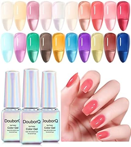 DouborQ 20 colors Jelly Gel Nail Polish Set,Nude Pink Gel Nail Polish Transparent Colors Purple Blue Black U V LED Soak Off Nail Polish Gel