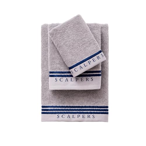 Set Toallas baño (tocador 30x50cm + Manos 50x90cm + baño 70x140cm) 450GSM en algodón Gris con Azul Scalpers Home