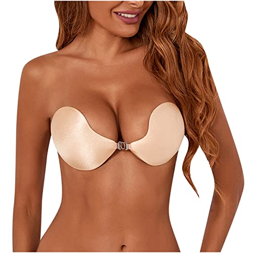 Auklamu Adhesive Bra Strapless Sticky Invisible Push Up Silicone Bras For Backless Dress Seamless Wirefree Nipple Cover Nude #TOP16