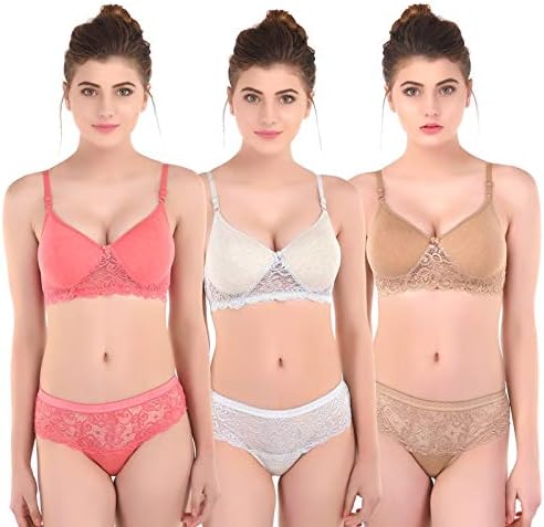 Women's Light Padded Honeymoon Bra and Panty Set for Girls Women's Combo Multicolored (Pack of 3)