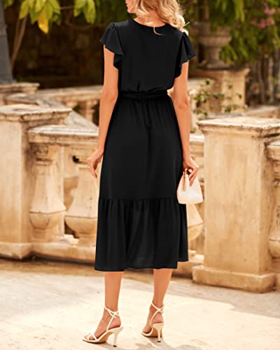 Image of BTFBM Women Summer Bohemian Floral Casual Wrap V Neck Ruffle Cap Sleeveless Belt A-Line Pleated Hem Midi Sun Dress White