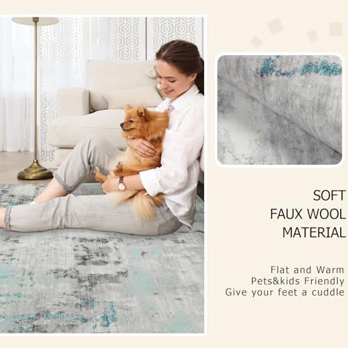 Tapis moderne abstrait bleu et gris famibay résistant et lavable - 3